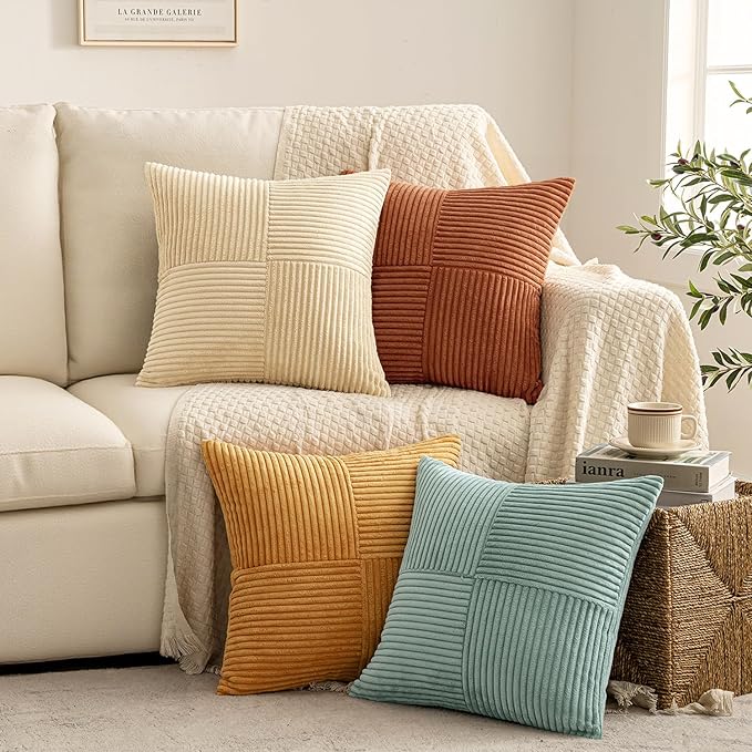 MIULEE Boho Farmhouse Fall Decorative Throw Pillow Covers 16x16 Inch 4 Packs Soft Vintage Pillow Cases Modern Corduroy Patchwork Cushion Covers for Couch Sofa Bed Home Decor, Teal-Rust