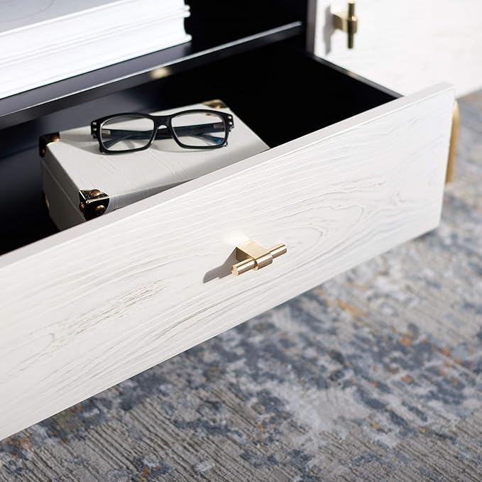 SAFAVIEH Genevieve TV Stand for up to 65" Flatscreen – Black & White Washed Finish, Mid-Century Modern Storage Cabinet, Entertainment Media Console (MED5000B)