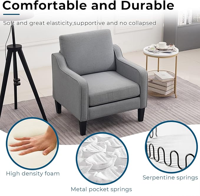 VINGLI Mid Century Modern Accent Chair,Light Grey Fabric Chairs for Living Room Upholstered Armchair with Scooped Arms for Bedroom,Apartment,Studio,Office,Waiting Room