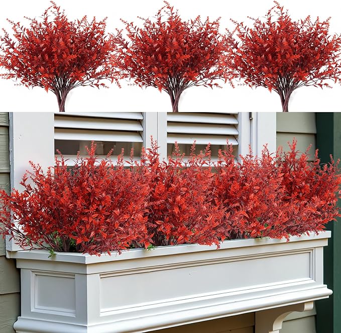 RECUTMS Fake Fall Plastic Flowers Artificial Lavender Plant UV Resistant Flowers Fake Autumn Plant Faux Outdoor Plants Faux Greenery for Party Yard Balcony Thanksgiving Decorations (Wine Red)