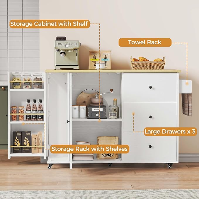 IRONCK Kitchen Island with Storage, 47.2in Rolling Island on Wheels, Kitchen Cart with Drop Leaf, 3 Spacious Drawers, Storage Cabinets and Towel Rack for Home, Dining Room