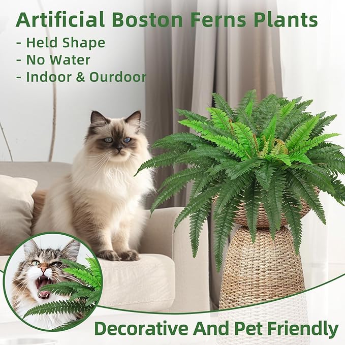 40" Artificial Boston Ferns Bush Plants, Set of 2, Large Faux Ferns Hanging Decor with 53 Fronds, Fake Vines Indoor Or Outdoors Planter for Home and Office Decor