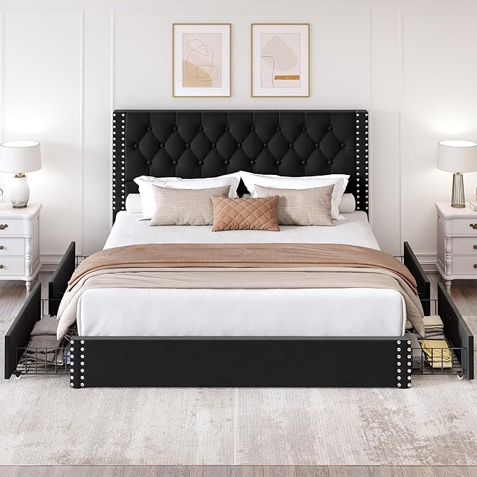 LARMACE King Size Bed Frame with 4 Storage Drawers and Tufted Headboard Linen Upholstered Platform Bed Frame with Heavy Duty Wood Slats, No Box Spring Needed, Easy Assembly,Black
