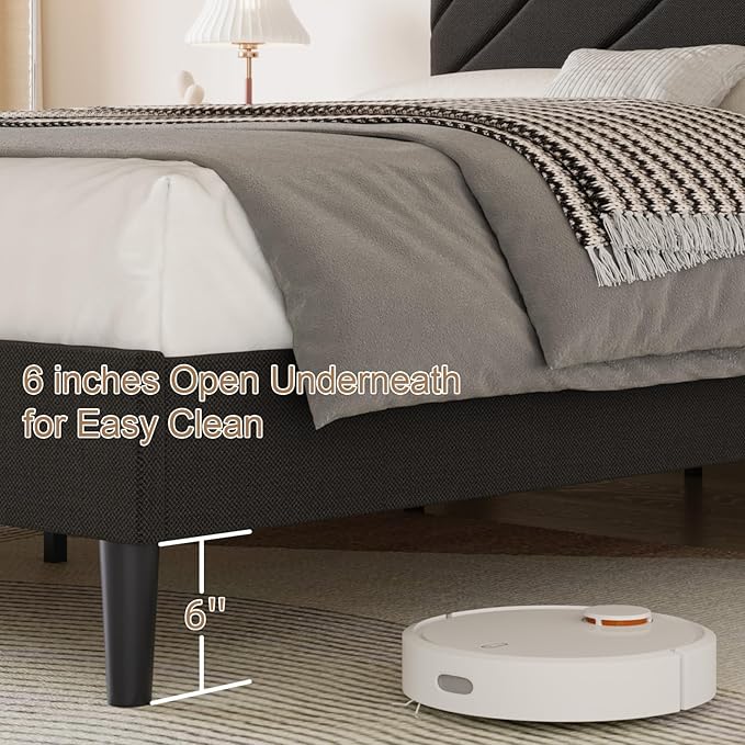 HOMBCK Full Size Bed Frame with Adiustable Headboard, Bed Frame Full with Linen Fabric Upholstered, Strong Wooden Slats, No Box Spring Needed, Noise Free, Easy Assembly, Black