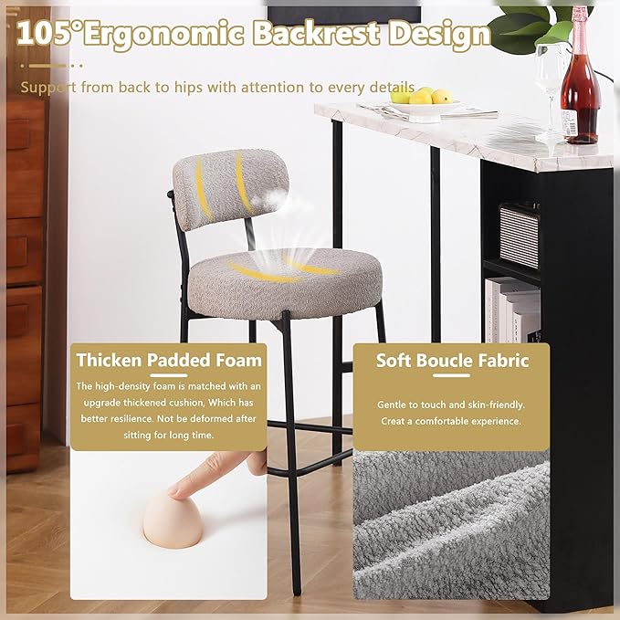 DYHOME Bar Stools Set of 4,Grey 27.56 Inches Counter Height Bar Stools with Back, Mid-Century Modern Bar Chairs for Kitchen Island, Dining Room