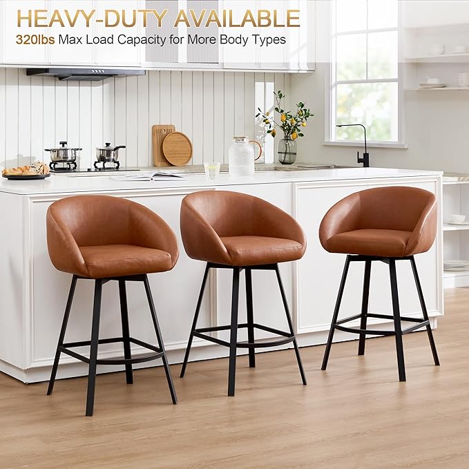 Zesthouse Swivel Counter Height Stools Set of 4, Modern Barrel Bar Stools for Kitchen Island, 26" Upholstered Kitchen Counter Height Barstools with Barrel Arms & Back, Brown Faux Leather Bar Chairs