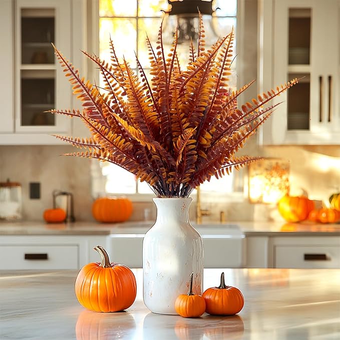 TURNMEON 20 Bundles Artificial Fall Flowers for Outdoors Fall Decorations, UV Resistant Fall Plants Faux Boston Fern Fake Mums Plastic Greenery Shrubs for Home Porch Gardens Autumn Thanksgiving Decor