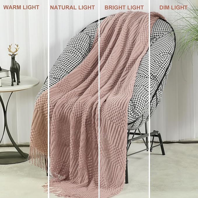 Blagic Knitted Throw Blanket for Couch, Bed and Sofa. Super Soft Blanket with Tassels, Light Pink Warm Throw Blanket, 50 x 60 Inches Lightweight & Cosy Home Decor