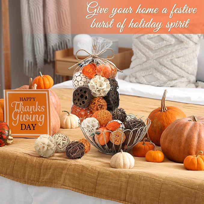 Riceshoot 2 Pack Decorative Balls Potpourri Bowl Filler Decor Natural Vase Bowl Filler Assorted Spherical Rattan Twigs Wicker Balls Cotton for Home Centerpiece(Orange)