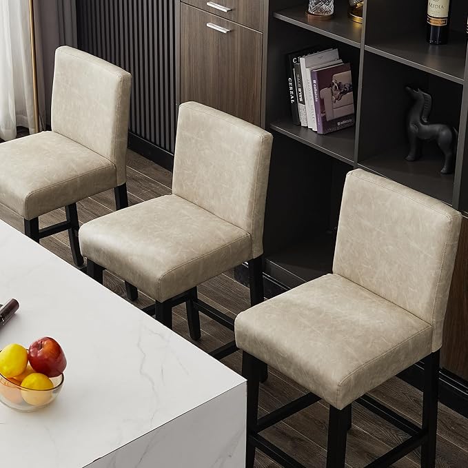 26'' Faux Leather Bar Stools Set of 3, Modern Upholstered Bar Height Bar Chairs, Soild Wood Legs Barstools with Back, Beige