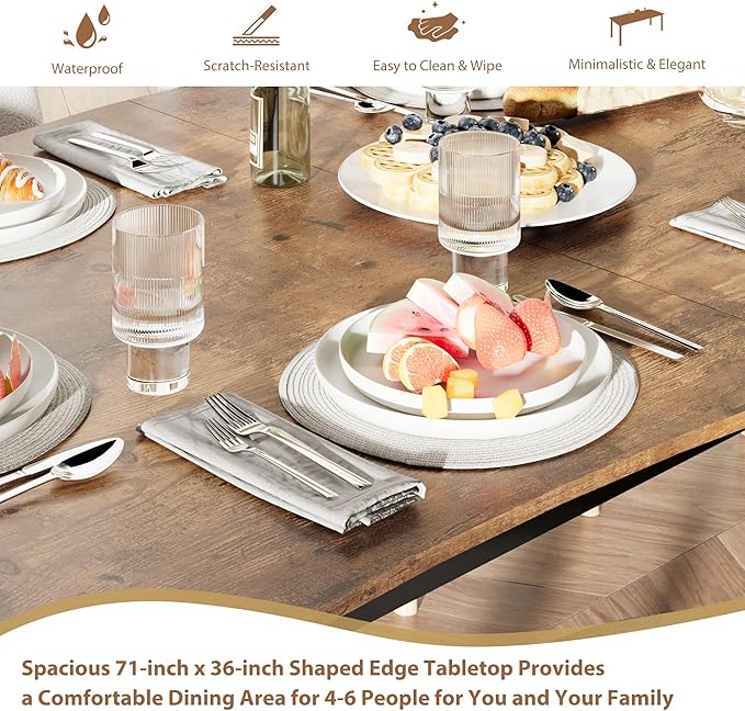 70.9”Dining Table with Wave Irregular Edge, 15mm Thick MDF Top & Metal Frame, for Kitchen, Quick Assembly, Wooden Kitchen Table for 6-8, Waterproof Scratch-Resistant, Retro Brown