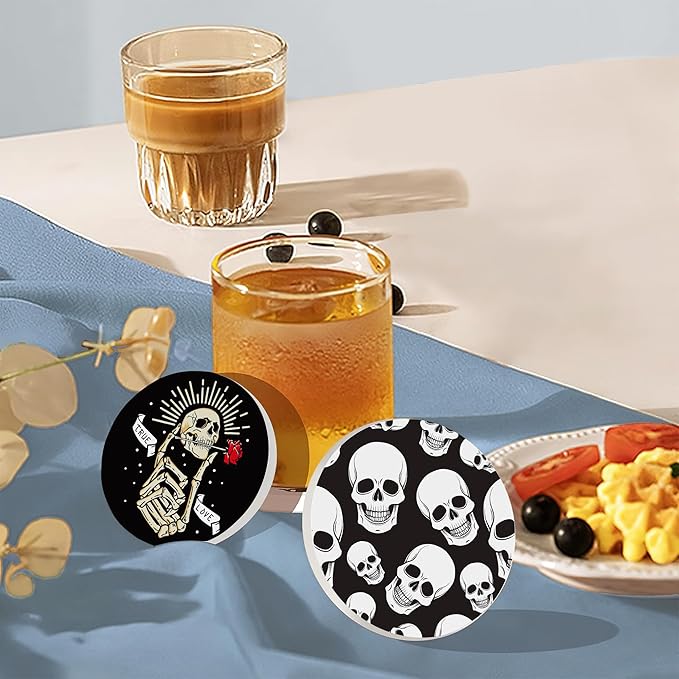 Coaster for Drinks Set of 6, Skeleton Skull Absorbing Round Ceramic Stone Coaster with Cork Base,Tabletop Protection Mat for Mugs and Cups,Coffee Table Wine Glass Home Bar 4 Inch