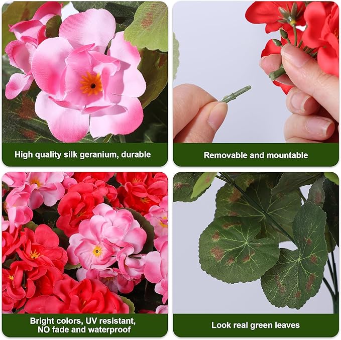 Artificial Geraniums Fake Flowers for Outdoors Decoration, 6 Bundles Silk Geraniums Flower UV Resistant Look Real Faux Plants for Front Door Garden Porch Planter Patio Balcony Yard Indoor Home, Mix