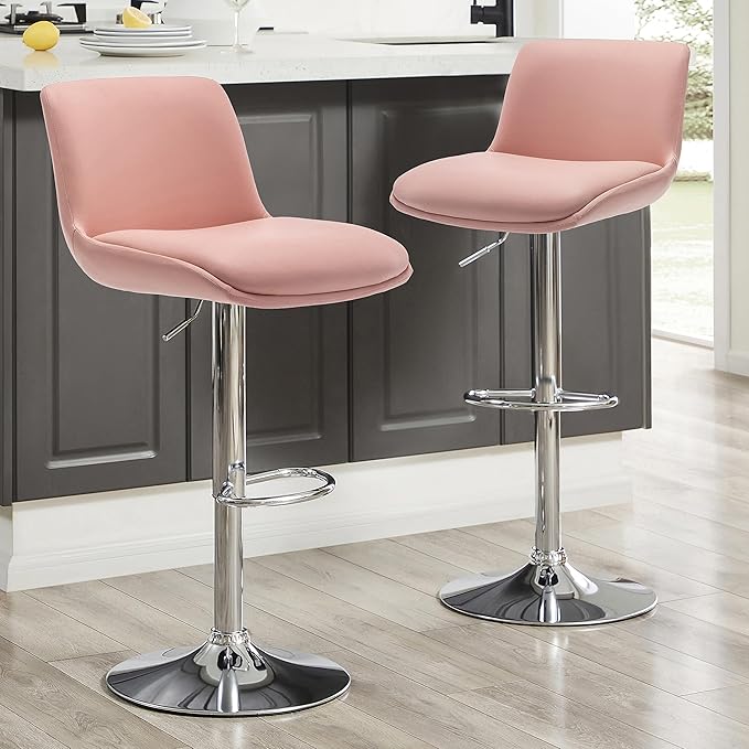MINCETA Bar Stools,Modern Upholstered Swivel Stool with Back for Bar and Counter Height, Adjustable Height 24" to 34",Set of 2,PU in Pink