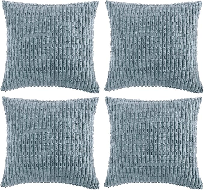 Fancy Homi 4 Packs Boho Light Blue Decorative Throw Pillow Covers 14x14 Inch for Couch Bed Sofa, Rustic Modern Farmhouse Home Decor, Soft Plush Corduroy Cute Square Cushion Case 35x35 cm
