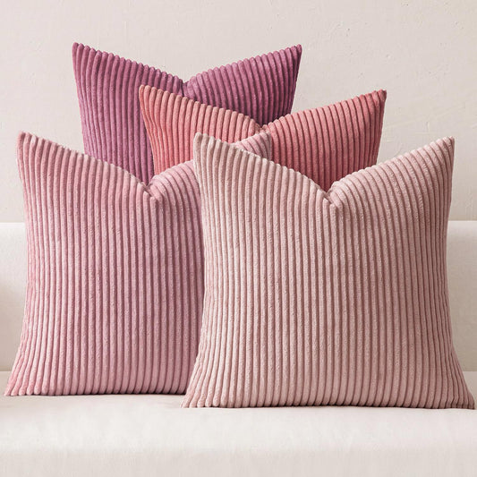 MIULEE Pack of 4 Purple Pink Corduroy Decorative Throw Pillow Covers 18x18 Inch Soft Boho Striped Pillow Covers Modern Farmhouse Home Decor for Winter Sofa Living Room Couch Bed