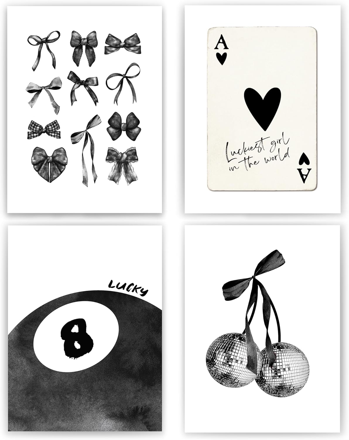 okaxscm Black Coquette Trendy Preppy Wall Art Prints Set of 4, Coquette Room Decor, Preppy Room Decor Aesthetic, Black Bow Disco 8 Ball Cherry Wall Decor Posters for Girls Bedroom Dorm, 12x16 Unframed
