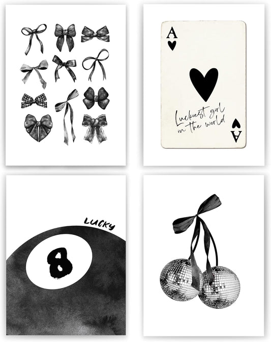 okaxscm Black Coquette Trendy Preppy Wall Art Prints Set of 4, Coquette Room Decor, Preppy Room Decor Aesthetic, Black Bow Disco 8 Ball Cherry Wall Decor Posters for Girls Bedroom Dorm, 12x16 Unframed