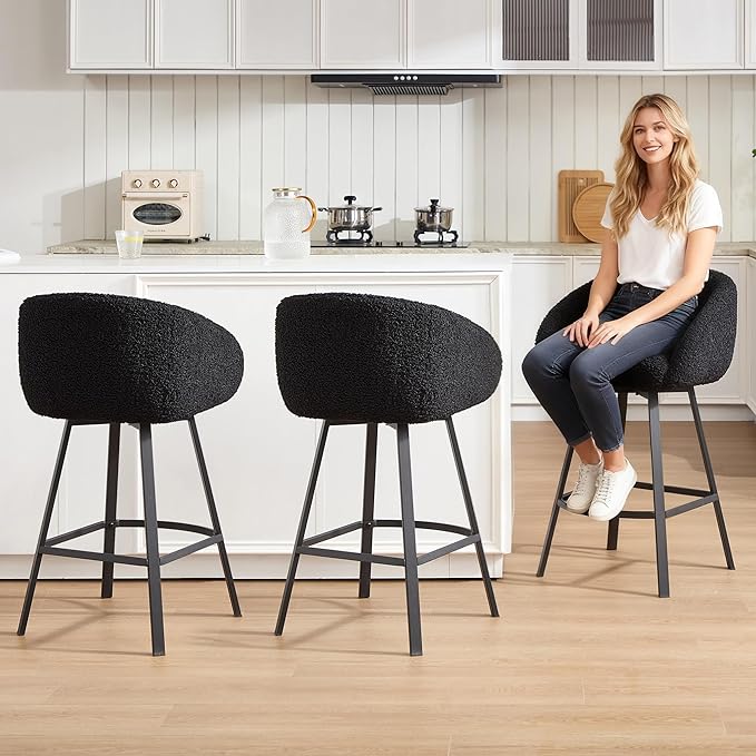 Zesthouse 26'' Modern Counter Height Bar Stools Set of 3, Swivel Barstools with Arms & Backs for Kitchen Counter, Upholstered Black Sherpa Fabric Bar Stools, Kitchen Island Chairs with Metal Legs