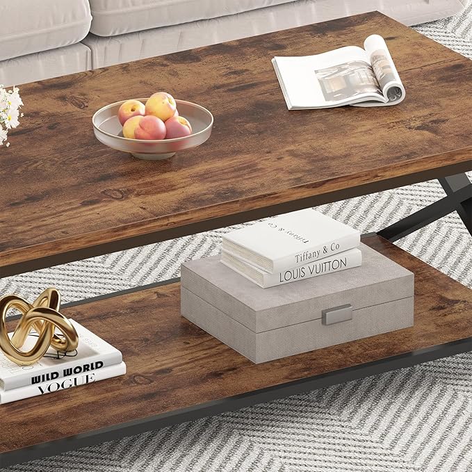 HSH Wood Coffee Table with Storage, Farmhouse Rustic Brown Coffee Table for Living Room, Modern Minimalist 2 Tier Center Table, Simple Rectangle Cocktail Tea Table in Home Office Bedroom, 39 Inch