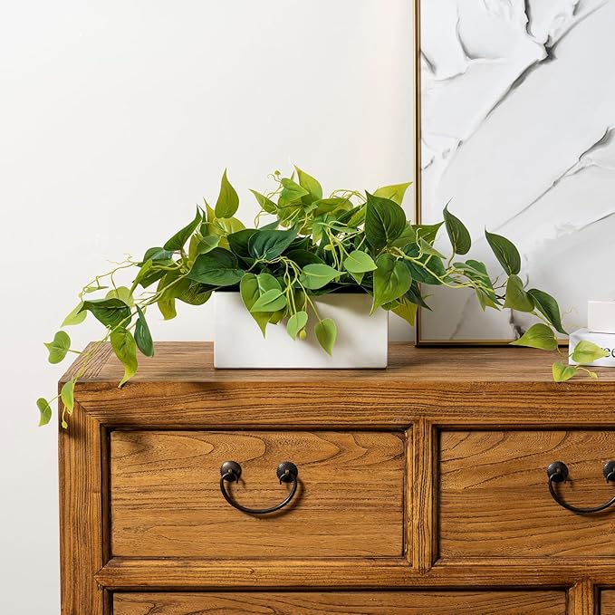 MyGift Vibrant Lifelike Artificial Plant Pothos Leafy Vine Greenery in White Concrete Rectangular Planter Box