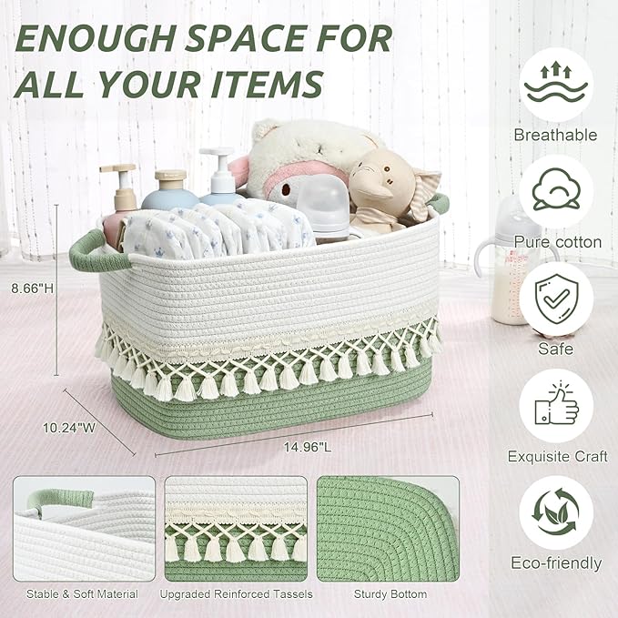 2 Pack Storage Basket, Heavy Tassel Woven Baskets for Storage, Boho Cotton Rope Storage Bin, Cube Organizer Bins, Baby Laundry Basket for Clothes, Toys, Diapers, Pets（White & Green）