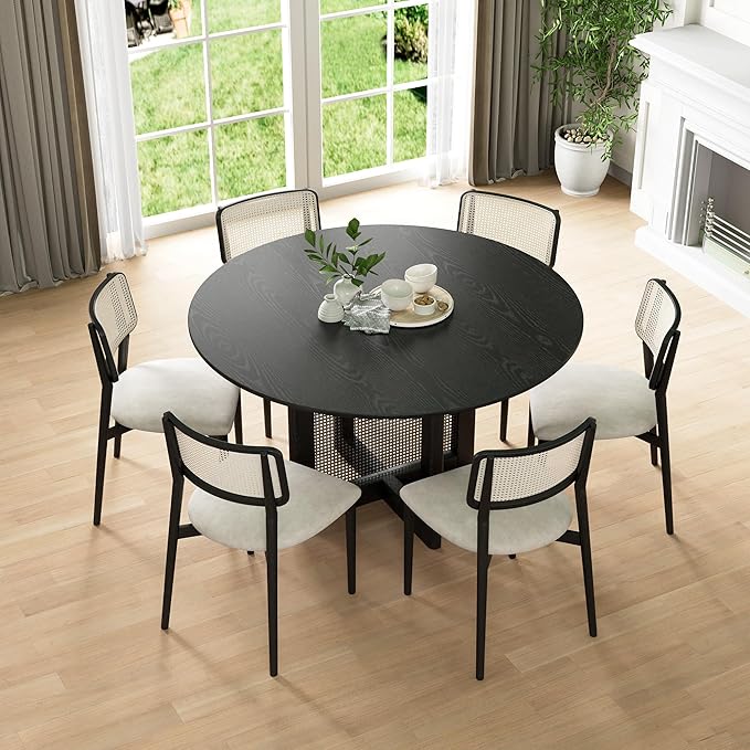 Casaphoria 52" Dining Table, Wicker Base Modern Kitchen Table for 4-6, Farmhouse Style with Round Top & Wicker Base, Easy Assembly for Living Room, Kitchen, Black