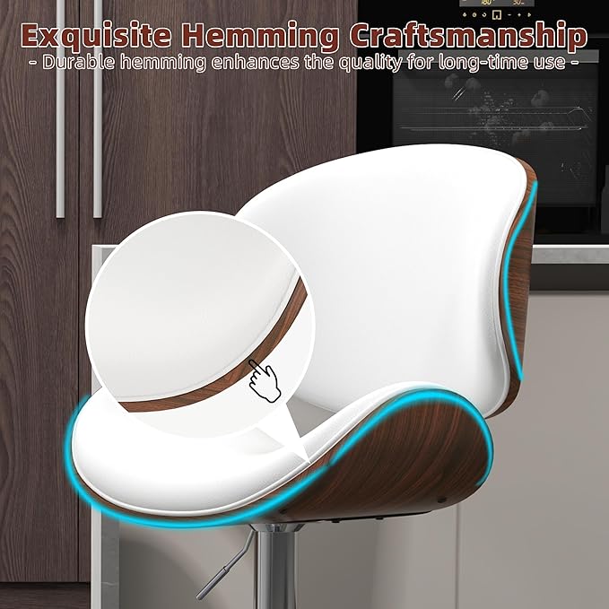 civama Bar Stools Set of 2 for Kitchen Counter, Adjustable Bar Height Chairs, Modern Swivel Barstools with Bentwood Seat and Back with Footrest, for Kitchen Island, Dining Room, White PU Leather