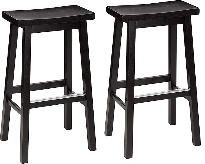 Amazon Basics Solid Wood Saddle-Seat Kitchen Counter Barstool with Footrest, Easy Assembly - 29-Inch Height - Black - Set of 2