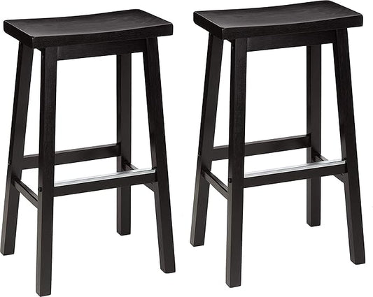 Amazon Basics Solid Wood Saddle-Seat Kitchen Counter Barstool with Footrest, Easy Assembly - 29-Inch Height - Black - Set of 2