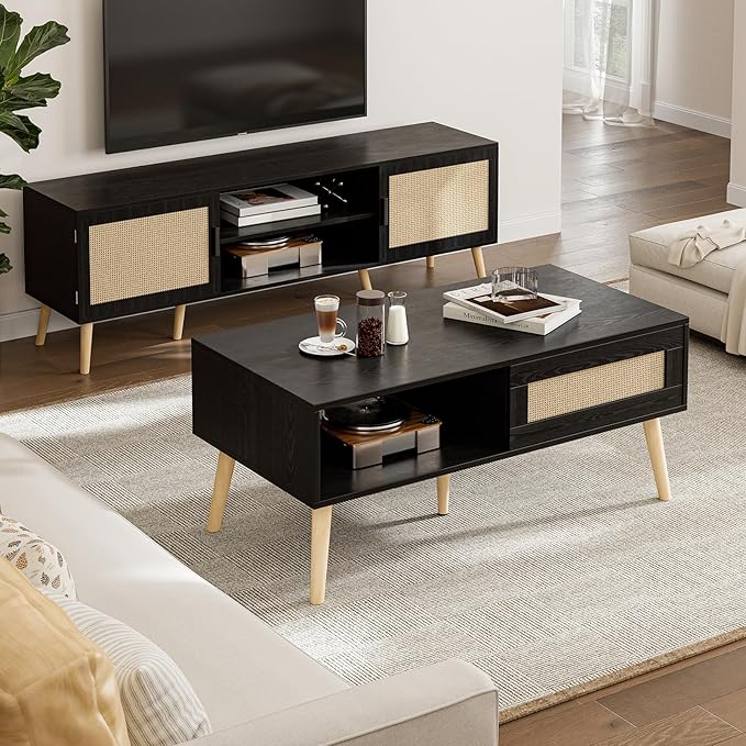 Wood Coffee Table with Storage, Boho Dining Table with Sliding Rattan Door Panel and Solid Wood Legs, Small Coffee Tables for Living Room, Oak (Black_LSJ008)