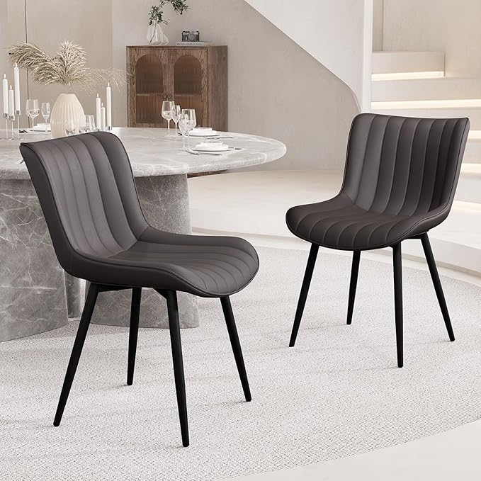 YOUNUOKE Dining Chairs Set of 2 Upholstered Mid Century Modern Kitchen Chair Comfortable Armless Faux Leather Accent Chair with Back for Guest Waiting Reception Living Room, Dark Brown
