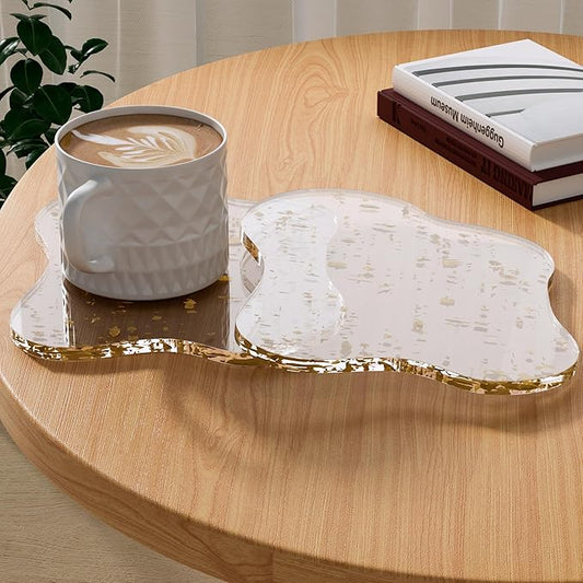 Acrylic 2Pcs/Set Coaster Decorative Plates,Gold Bar Drink Coaster, Clear Cloud Shape Coffee Cup Coaster, Perfect for Tabletop Protection and Accessories Display.(Gold)