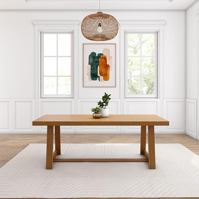 Plank+Beam 84 Inch Farmhouse Dining Table, Solid Wood Rustic Kitchen Table, Large Wooden Rectangular Dinner Table for Dining Room, Home Office, Living Room Furniture, Easy Assembly, Pecan Wirebrush