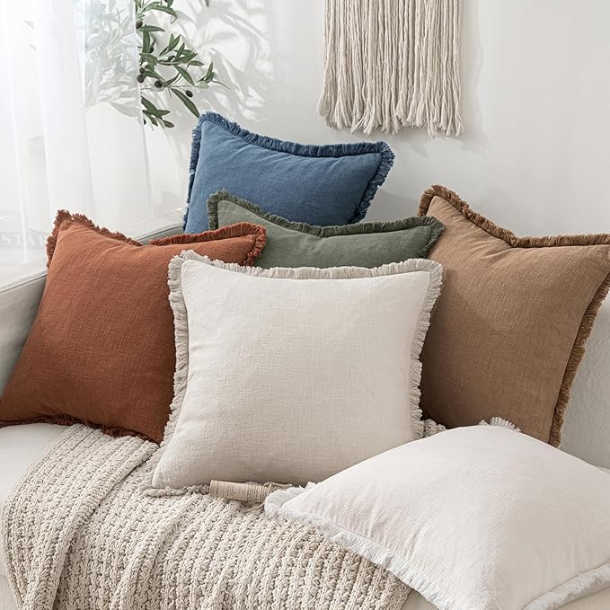 MIULEE Decorative Throw Pillow Covers Neutral Linen Fringe Throw Pillows Set of 2 Blue Ashes Boho Farmhouse Cushion Covers with Tassels for Couch Sofa Bed Home Decor 26x26 Inch