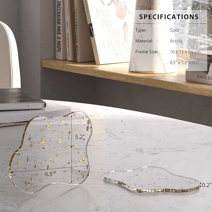Acrylic 2Pcs/Set Coaster Decorative Plates,Gold Bar Drink Coaster, Clear Cloud Shape Coffee Cup Coaster, Perfect for Tabletop Protection and Accessories Display.(Gold)