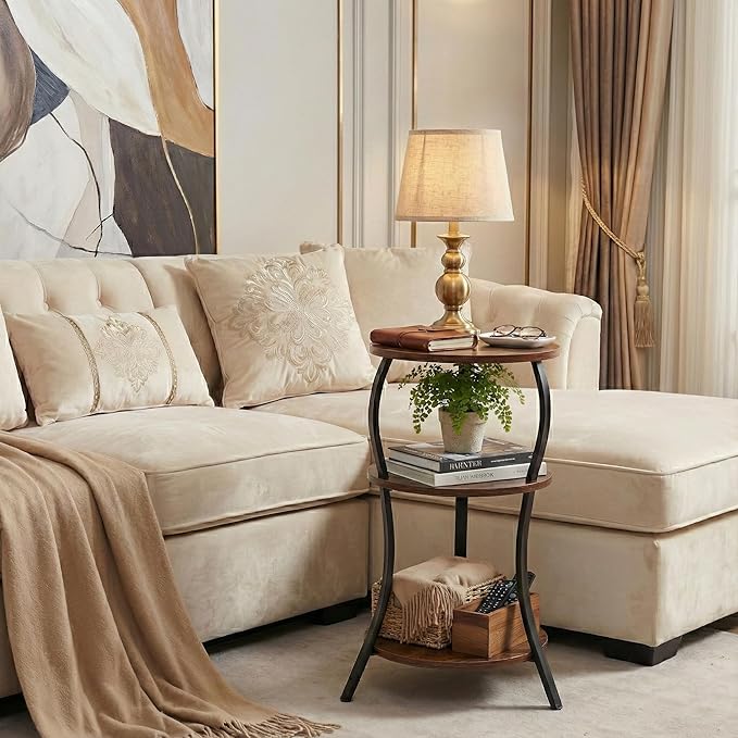 Vintage Small Round Side Table, 3-Tier Slim Waist Circular End Table with Storage Shelf, Compact Tea Sofa Table, Round Corner Coffee Table Nightstand for Living Room Bedroom Small Spaces,Rustic Brown