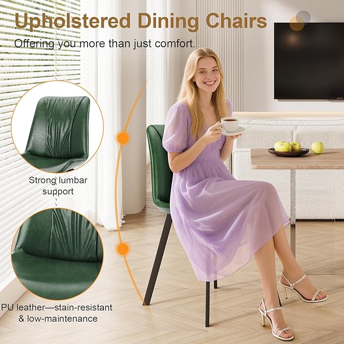 Upholstered Dining Chairs Set of 4, Modern Kitchen & Dining Room Chairs, Faux Leather, Sturdy Metal Legs, for Living Room, Cafe & Restaurant- Green