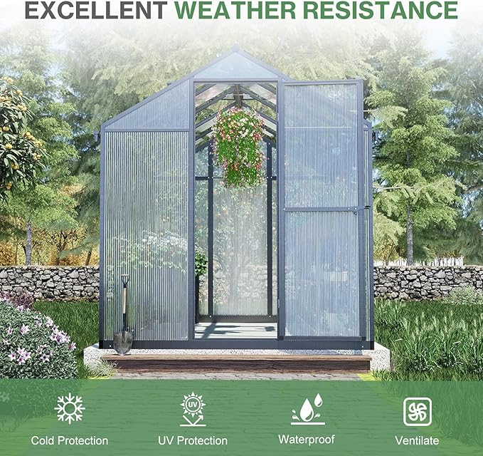 Aoodor 6 x 10 Ft Walk-in Greenhouse with Gutter, Polycarbonate and Heavy-Duty Aluminum Frame, Adjustment Skylight and Lockable 2-Sided Door for Patio, Outdoor, Yard, Lawn Use, Black