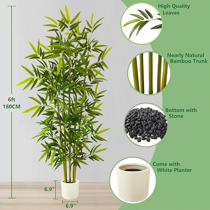 Artificial Bamboo Tree, 6ft Tall Fake Bamboo Plant with White Planter, Faux Trees with 5 Trunks and Lifelike Leaves for Indoor Outdoor Home Office Décor
