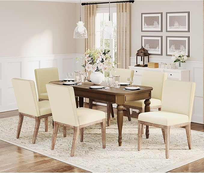 Wooden Dining Chairs Set of 6, Modern Fabric Upholstered Dining Room Chair, Kitchen Side Chairs, Farmhouse Dinner Chair with High Back for Kitchen, Beige