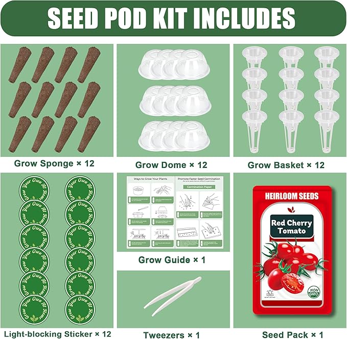 Cherry Tomato Seed Pods Kit for Hydroponics, 12 Pods Grow Anything Kit for Indoor Hydroponics Growing System, Hydroponics Supplies with 12 Grow Sponges, 12 Plant Baskets, 12 Pod Domes and Labels
