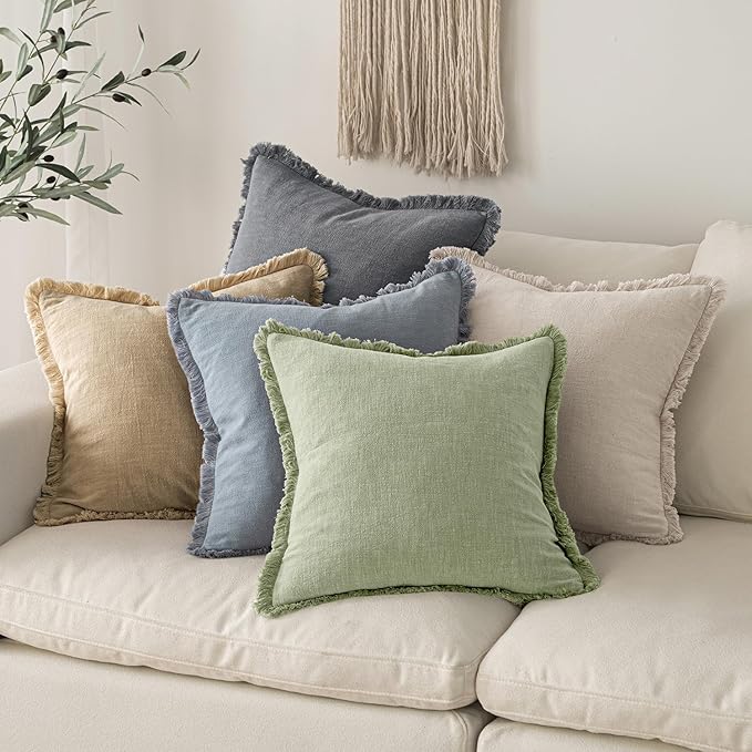MIULEE Decorative Throw Pillow Covers Neutral Linen Fringe Throw Pillows Set of 2 Sage Green Boho Farmhouse Cushion Covers with Tassels for Couch Sofa Bed Living Room Spring Home Decor 18x18 Inch