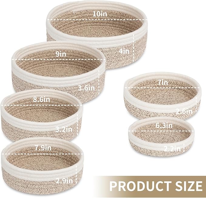 Small Shelf Storage Baskets for Organizing, 6 Pack Round Cotton Rope Bins, Decorative and Cute Woven Baskets for Bedroom and Closet, Key Tray Bowl, Home Decor Countertop Organizer (Brown Beige)