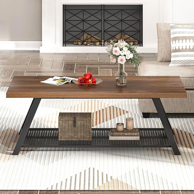 FOLUBAN Modern Coffee Table, Rustic Wood and Metal Center Table with Storage, Industrial Rectangle Cocktail Tea Table for Living Room, Walnut, 47 Inch