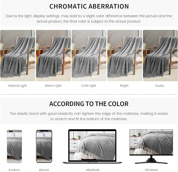 BOURINA Light Grey Throw Blanket 50 x70 Inches Jacquard Argyle Throw Textured Solid Soft Throws and Blankets for Sofa or Bed Knitted Decorative Blanket