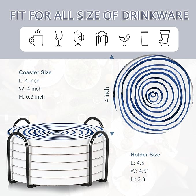 Drink Coasters Set of 6 with Holder, Blue Watercolor Series Absorbent Ceramic Coasters with Cork Base,Fit All Cups,Great Gift for Housewarming,Room Decor,Bar,Holiday Party