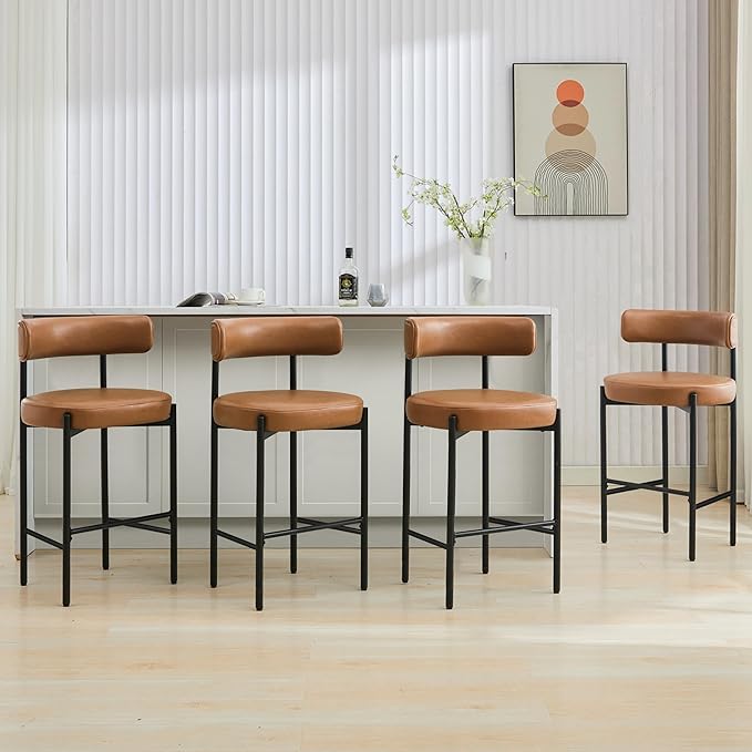 28'' Faux Leather Bar Stools Set of 4, Bar Height Stools for Kitchen Island, Brown Barstools with Backs, Upholstered Counter Chairs (Vegan Leather, Brown)