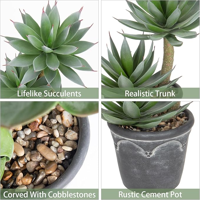 Hollyone Large Artificial Succulent Plants Fake Agave Succulents Potted 13" Faux Plant in Vintage Cement Pot Succulent Aloe Plant Indoor for Desk Home Office Living Room Table Shelf Decor