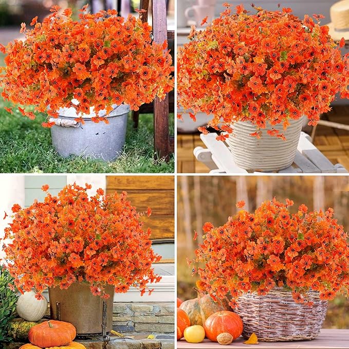 18 Pcs Artificial Mums Flowers Outdoor Plastic Fall Flowers Fake Mums Autumn Greenery Flower for Porch Window Box Farmhouse Thanksgiving Home Decor ((18, Orange)